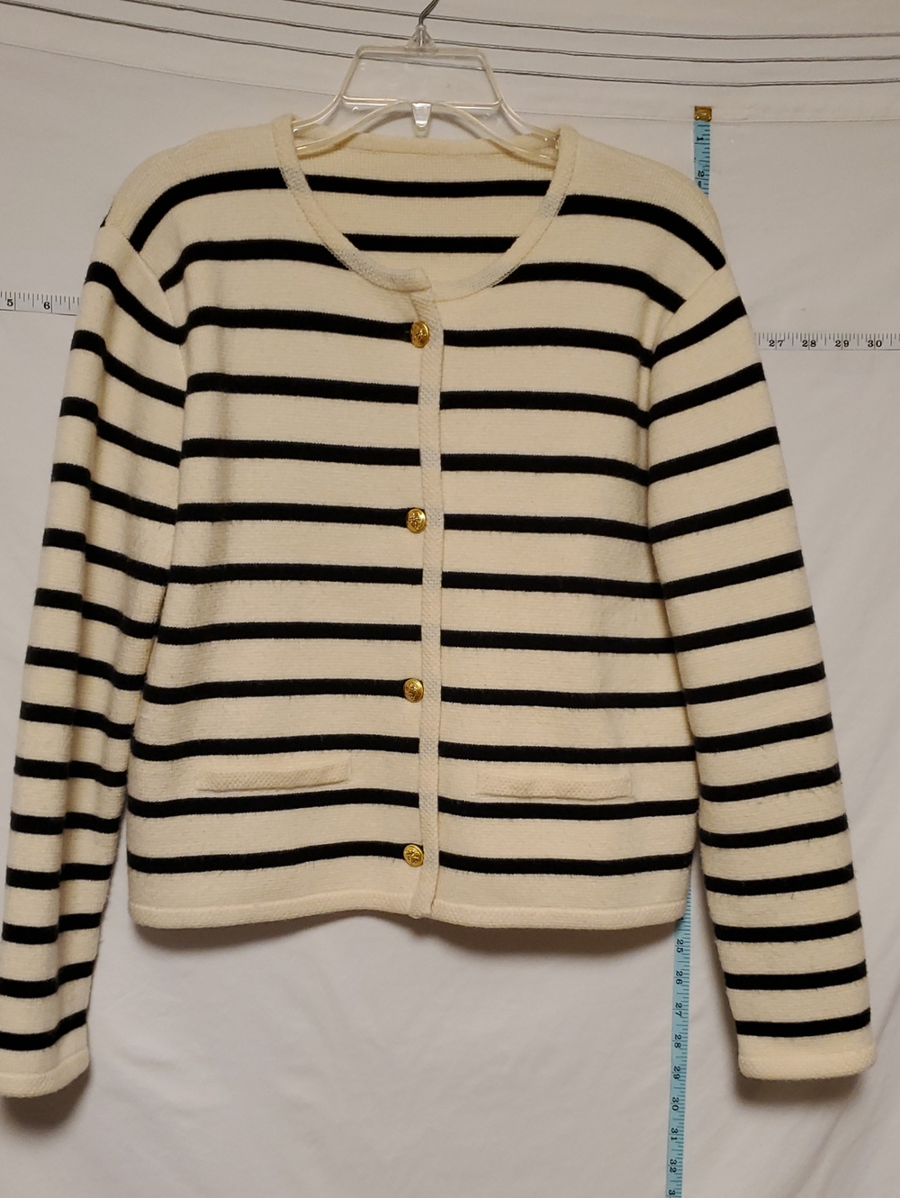 Maje Cream Black Stripe Crew Wool Blend Button Cardigan Sweater Breton Luxury
